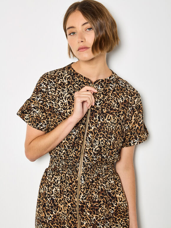 Leopard Print Zip-Down Mini Dress

, Brown, large
