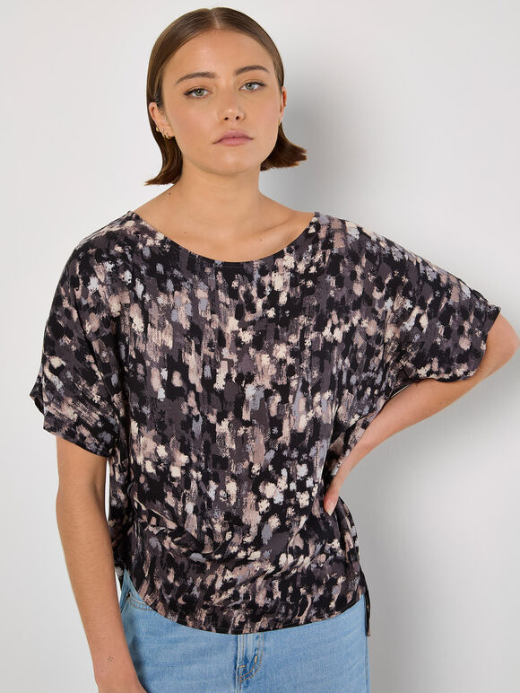 Abstract Brushstroke Woven Top, Dark Grey - Charcoal, large