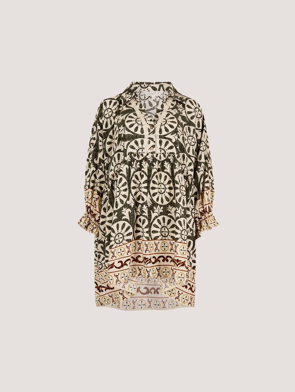 Block Print Oversized Shirt, Khaki, large