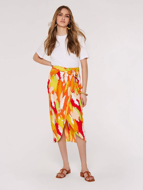 Printed  Wrap Midi Skirt, Orange, large