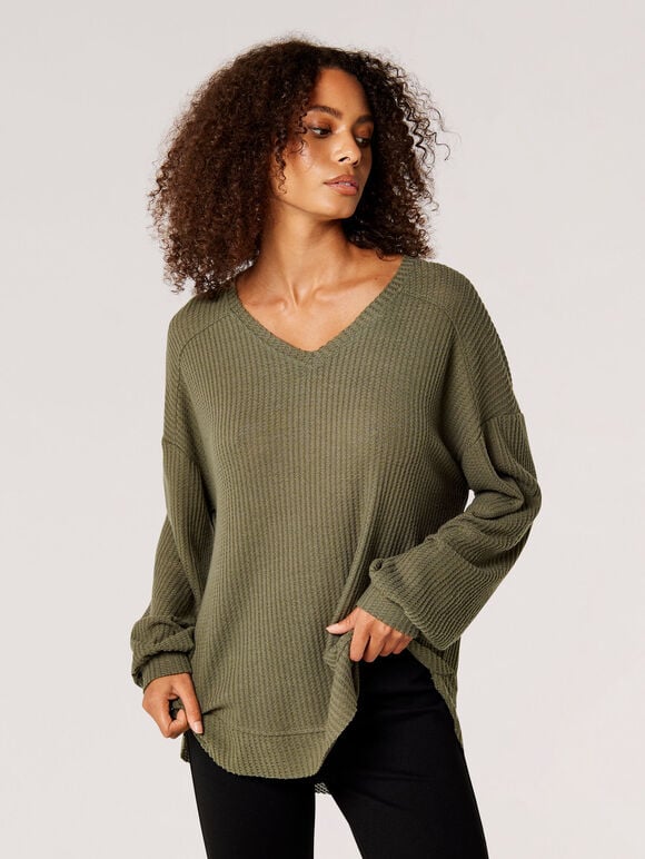 Oversized Waffle Knit Top, Khaki, large