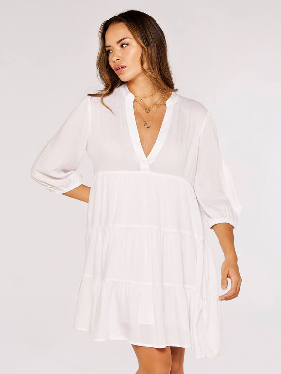 Herringbone Tiered Mini  Dress, White, large