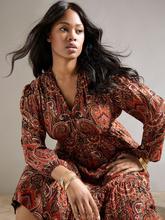 Curve Paisley Shimmer Midi Dress, Rust, large