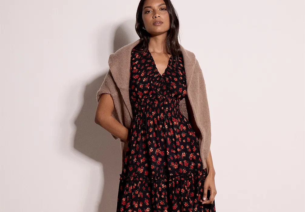 Model is wearing a Floral Print Smocked Mini Dress