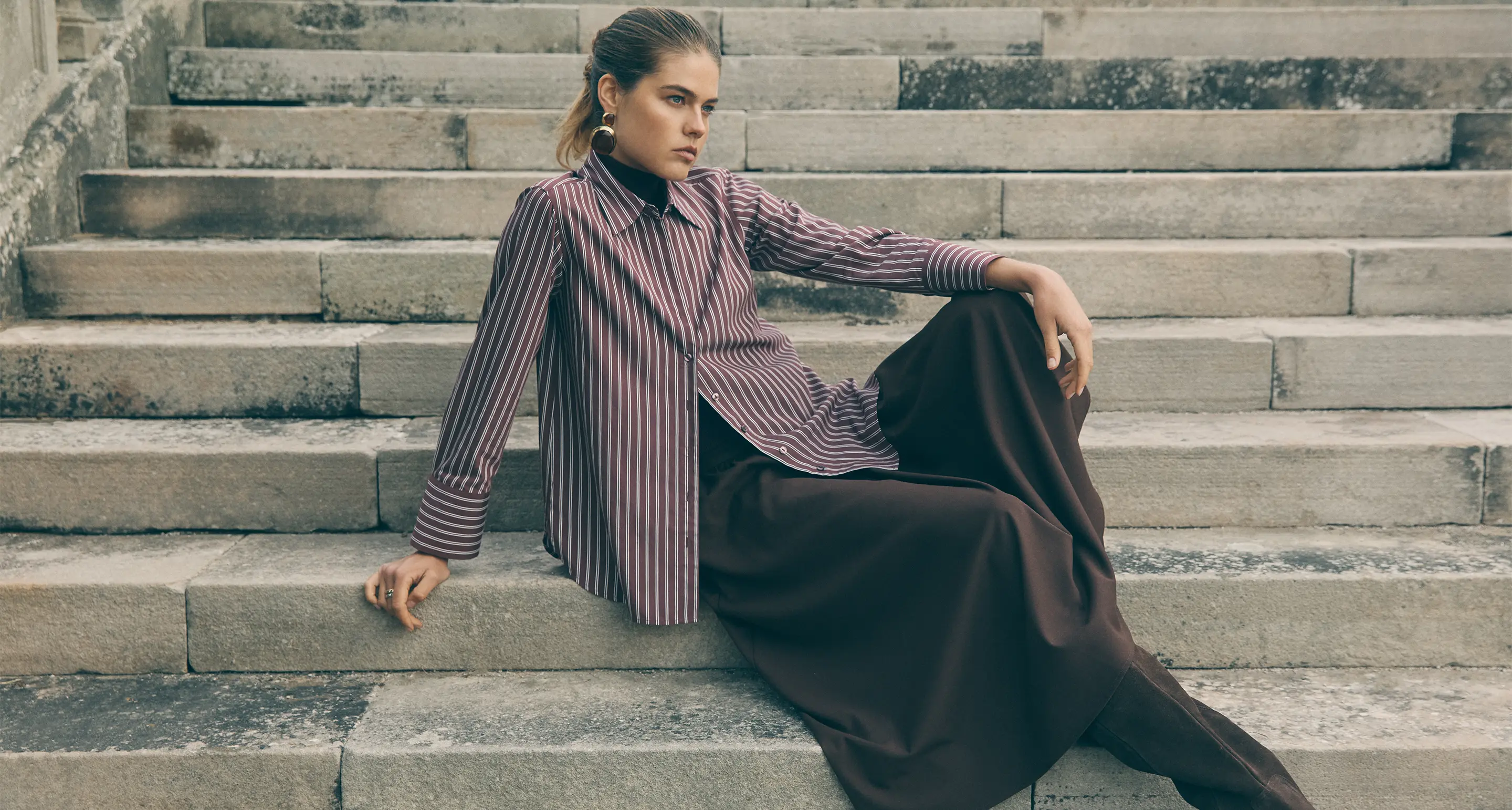 Model wearing Stripe Shirt & Skirt