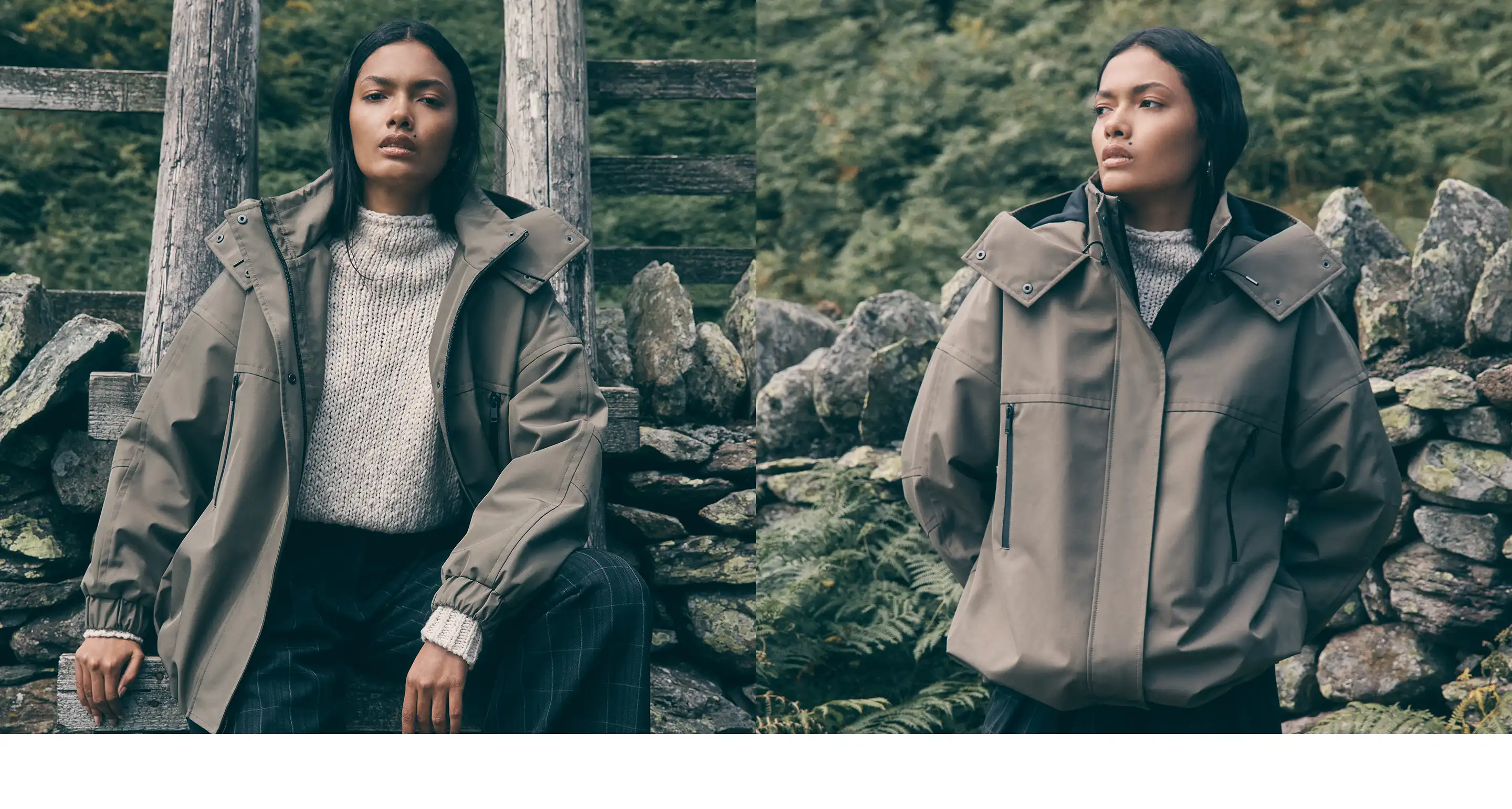 Model wearing green technical parka