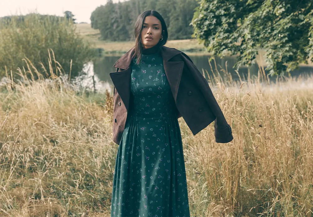 Model wearing a green floral Structured Shirt Midaxi Dress