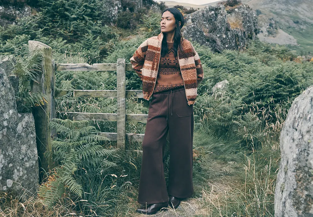 model wearing brown Wide-Leg Jersey Joggers