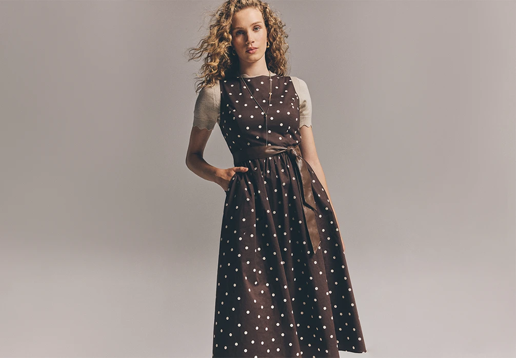 Model wearing brown Polka Dot A-Line Cotton Midi Dress