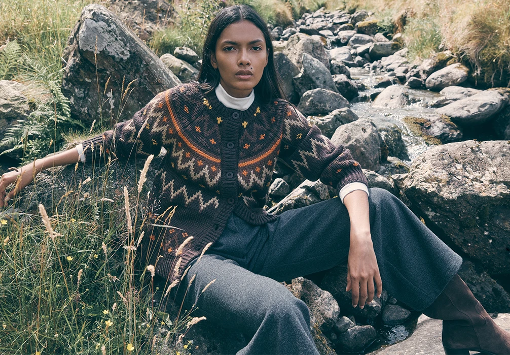 Model in a field wearing a Fair Isle chunky Knit Cardigan