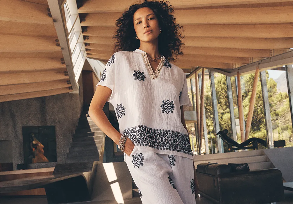 Model wearing the Paisley Bead Embroidered Blouse