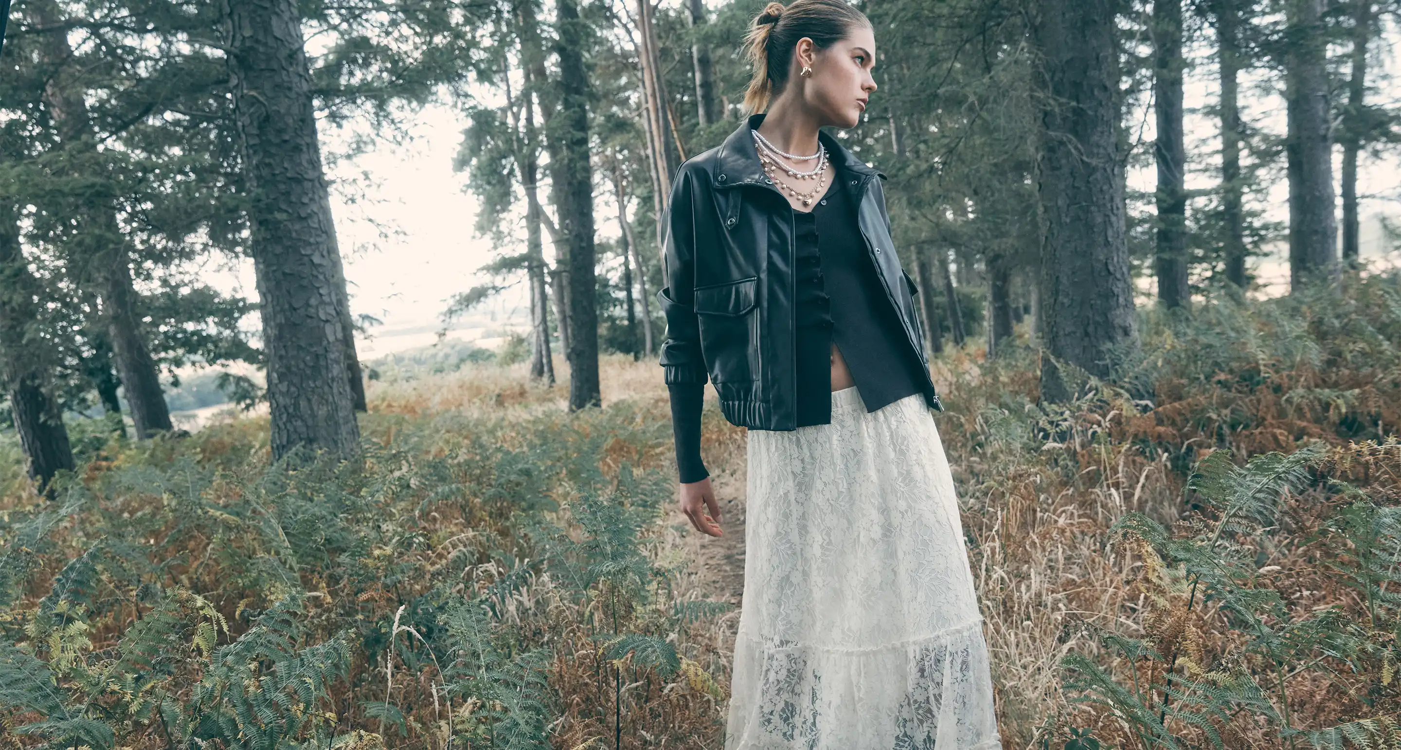 Model wearing Jacket & Skirt
