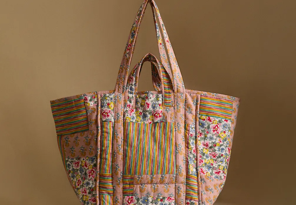 Studio shot of the Printed Patchwork Cotton Tote Bag