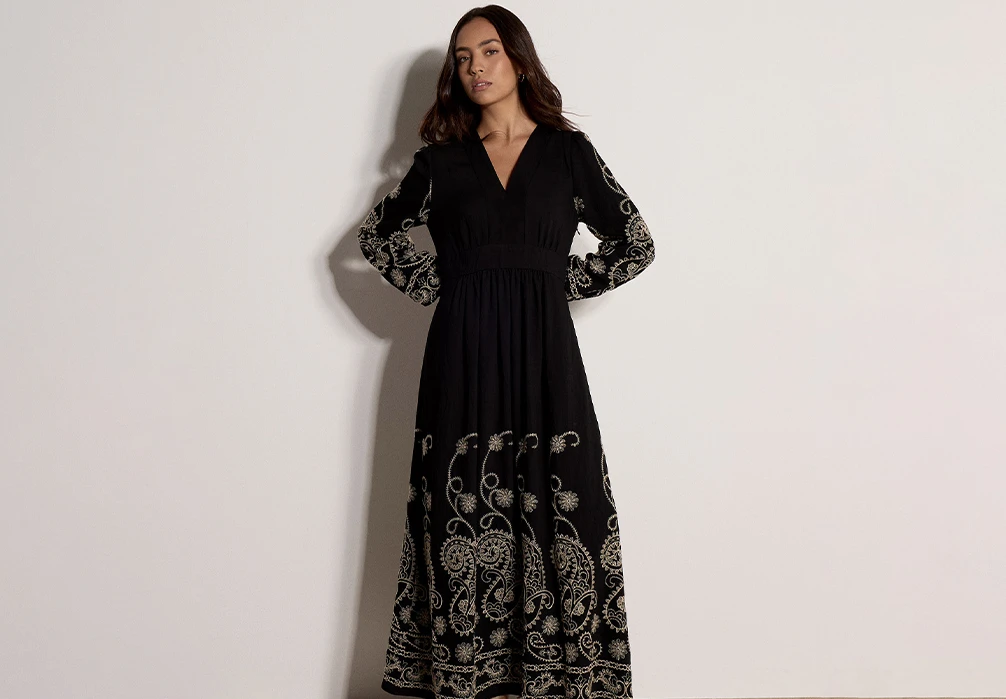 Model is wearing a black maxi dress with white embroidery