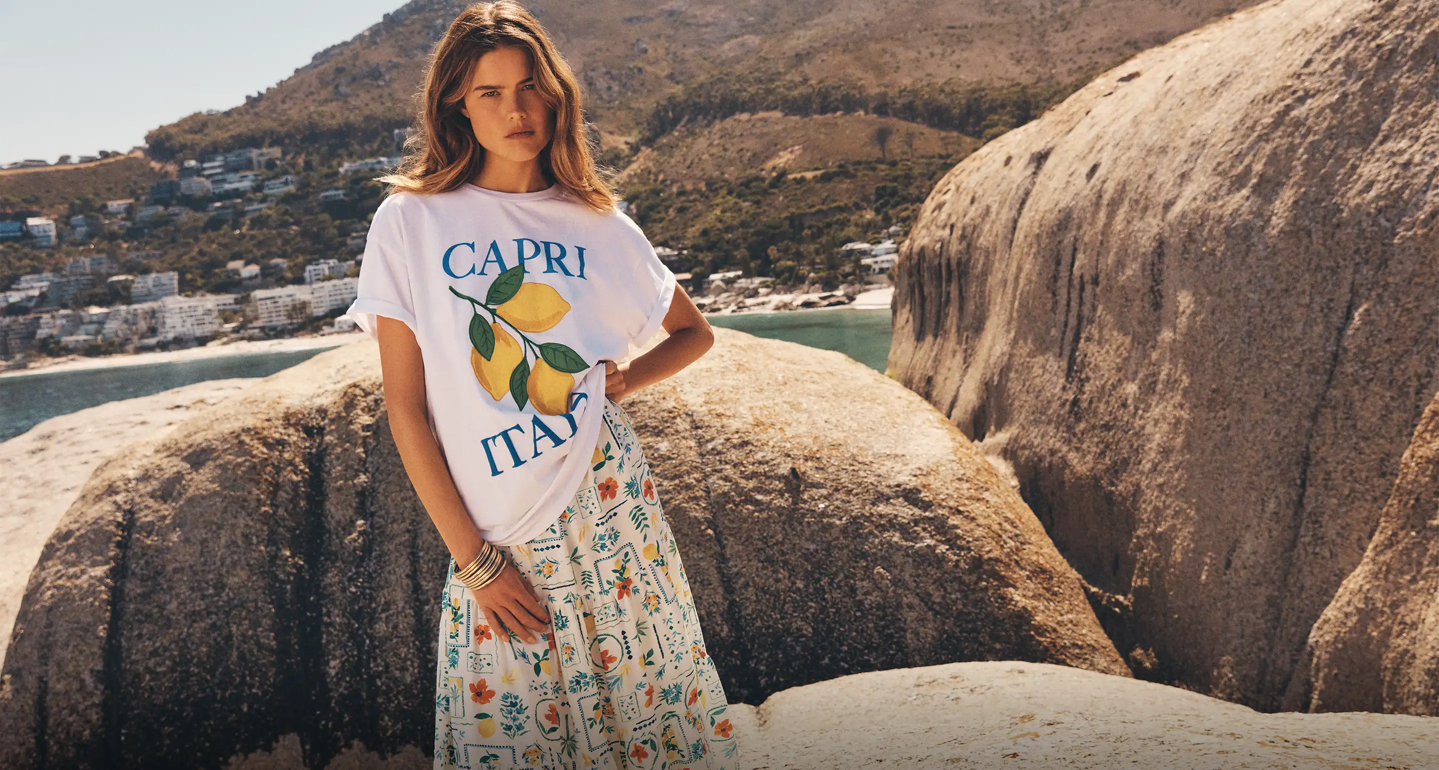 Model wearing Postcard Print Tiered Midi Dress