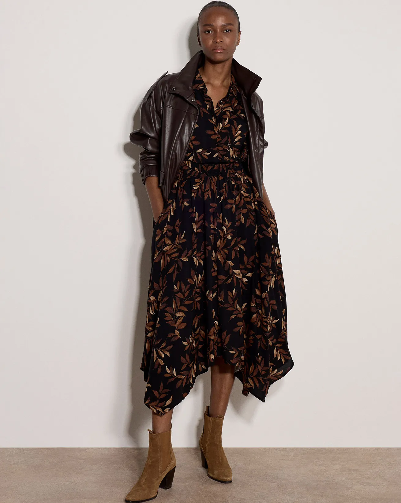 Leaf Print Shirt Midi Dress