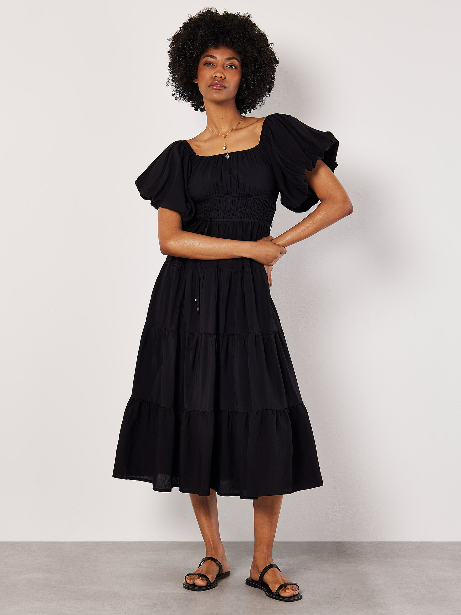 Tiered Puff Sleeve Midi Dress