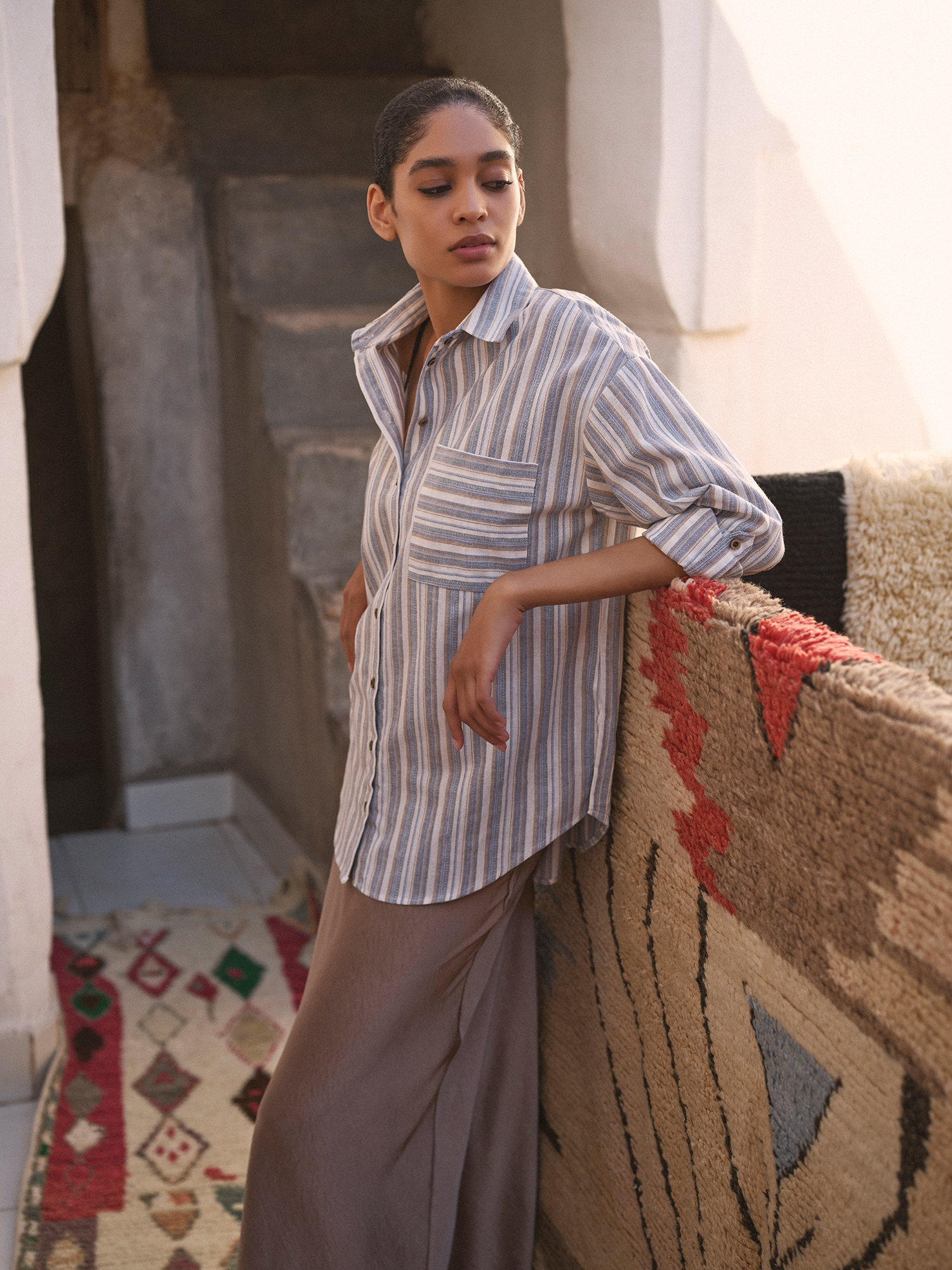 COTTON OVERSIZED SHIRT STRIPE_NAVY IVORY main image 0