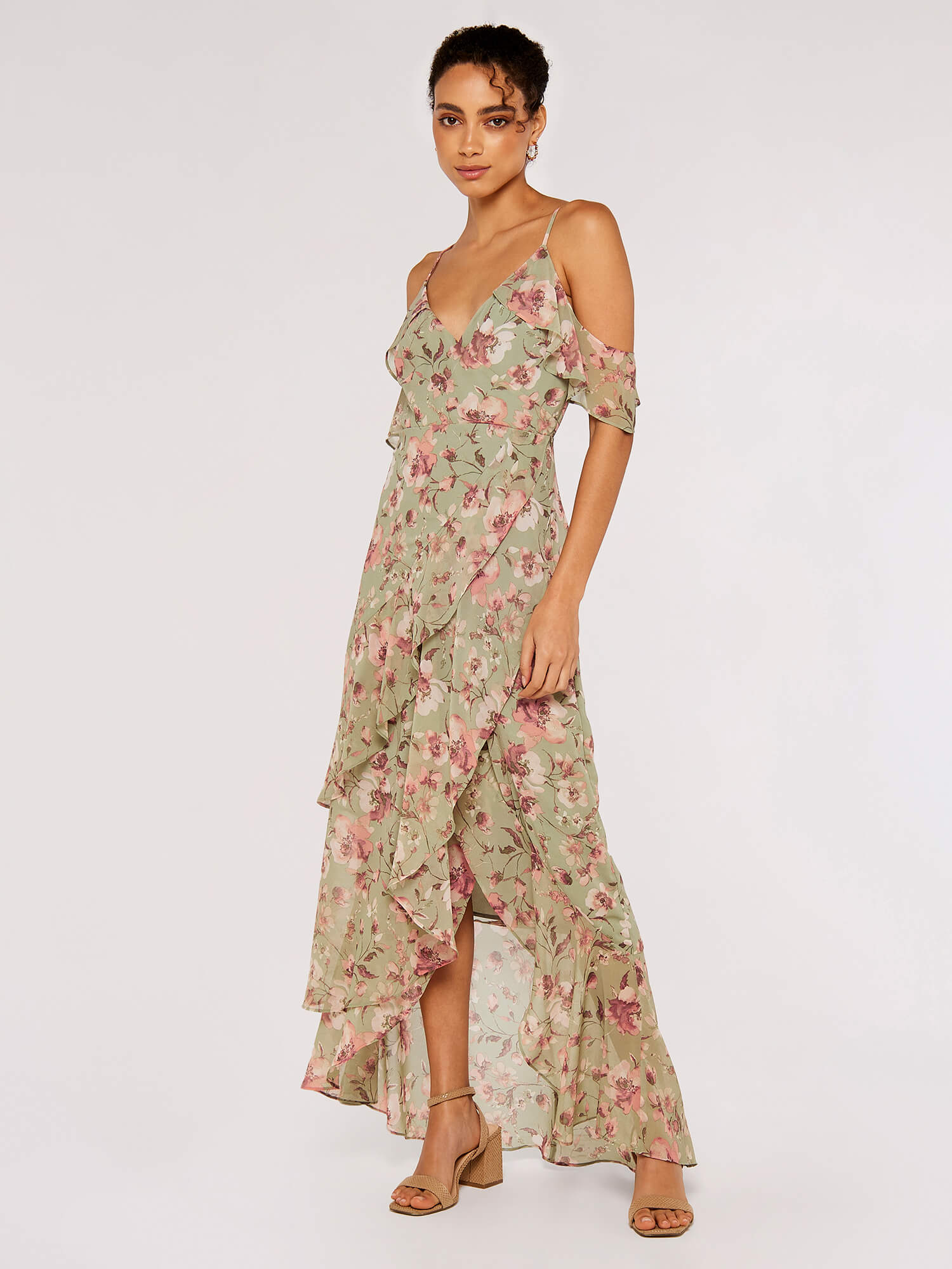 Watercolour Blooms Midi Dress Apricot Clothing