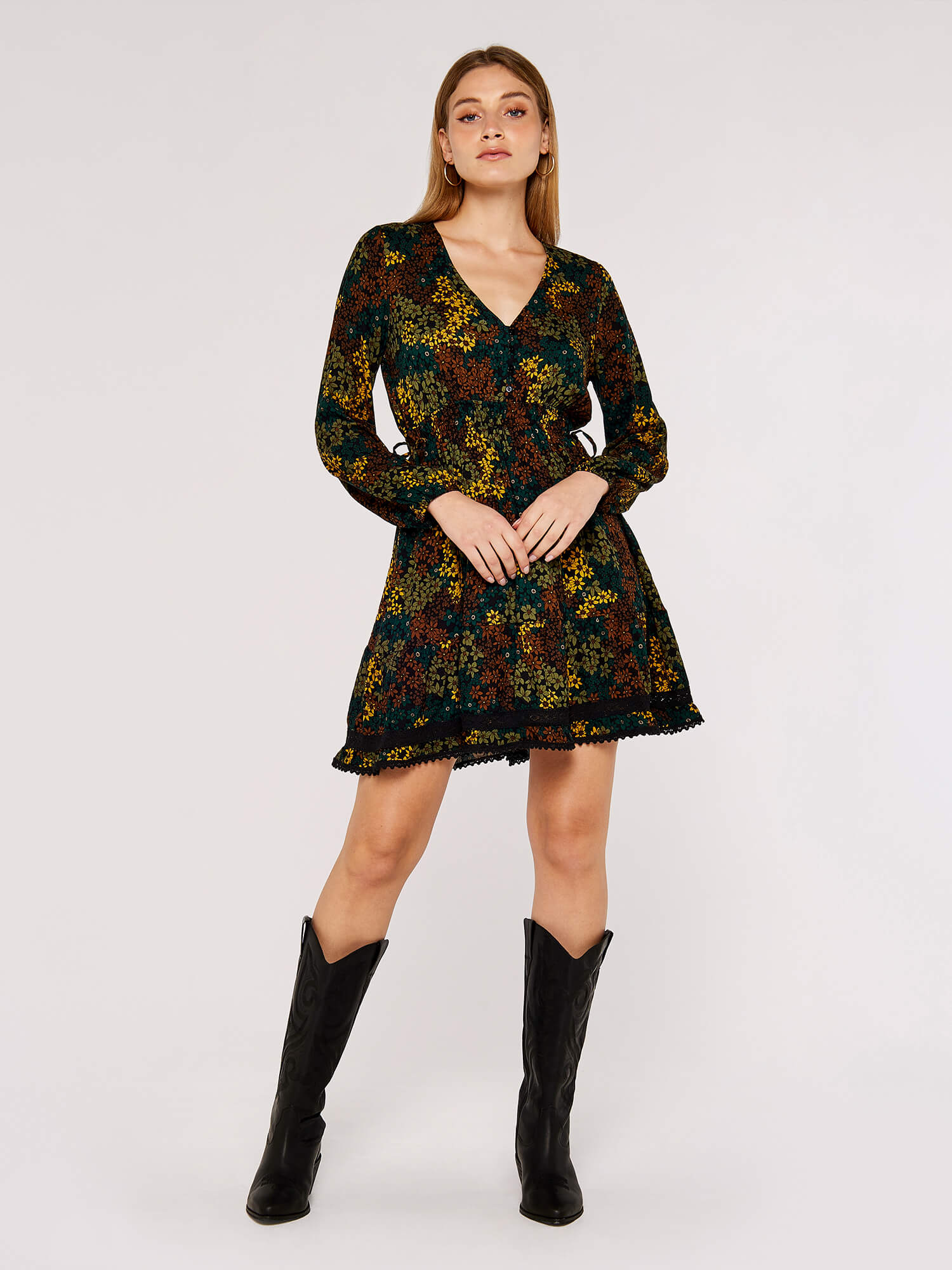 Daisy Spray Mini Dress Apricot Clothing