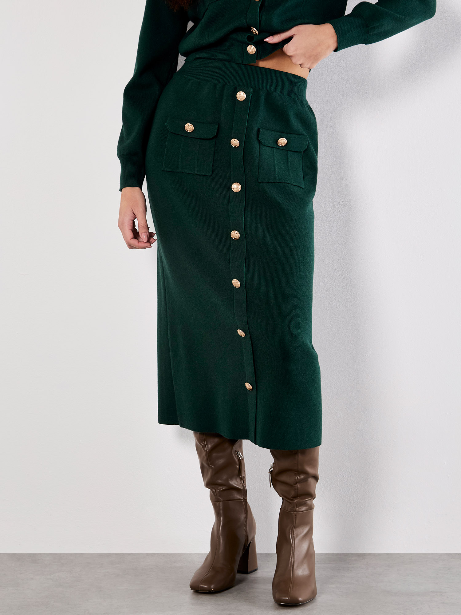 Jupe Midi MUCK Tendance Grosse Maille Côtelée – Vert Ivoire Chiné – Taille S – Taille élastiquée