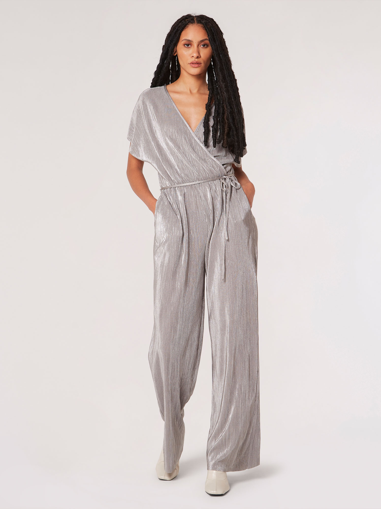 Plisse Metallic Jumpsuit Apricot Clothing