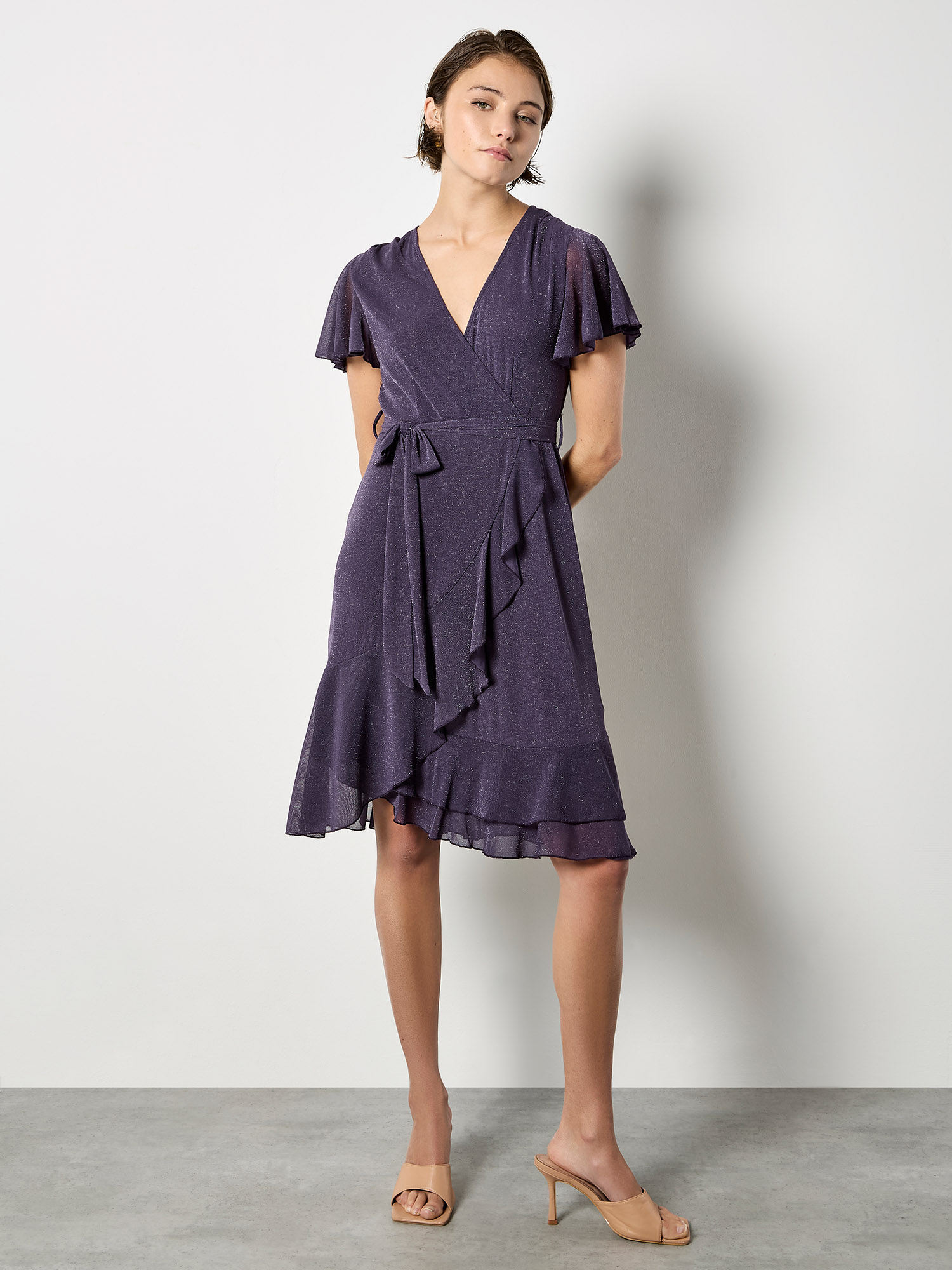 purple ruffle wrap dress Sparkle Wrap Ruffle Mini Dress