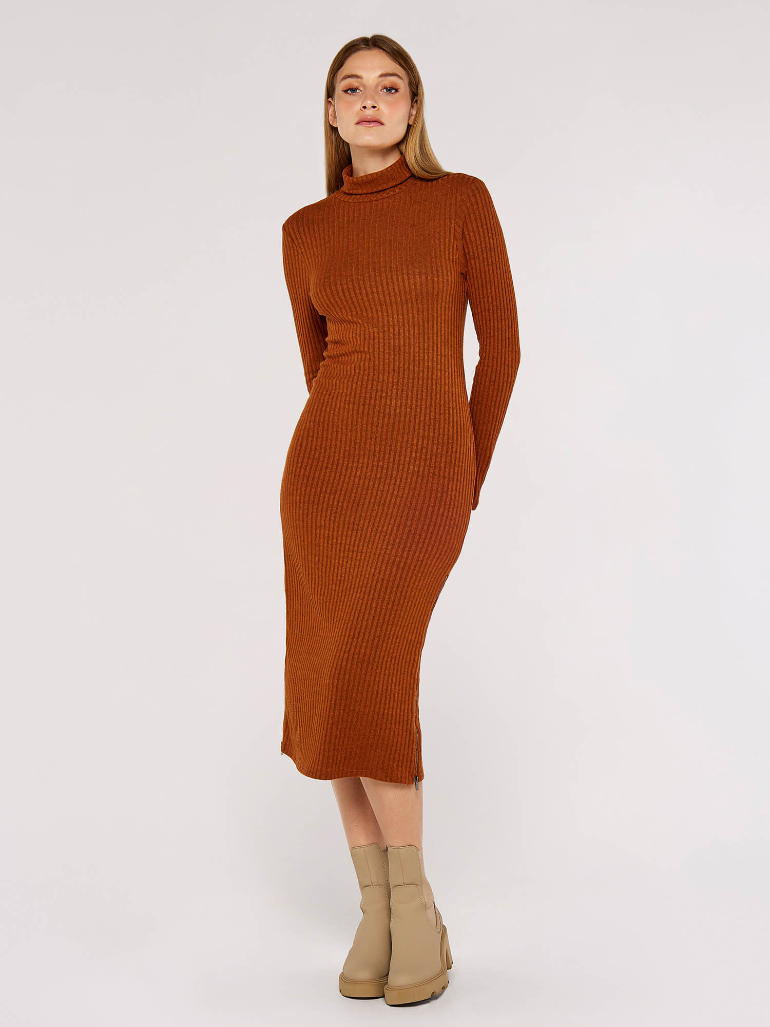 High Neck Midi Dress Apricot Clothing