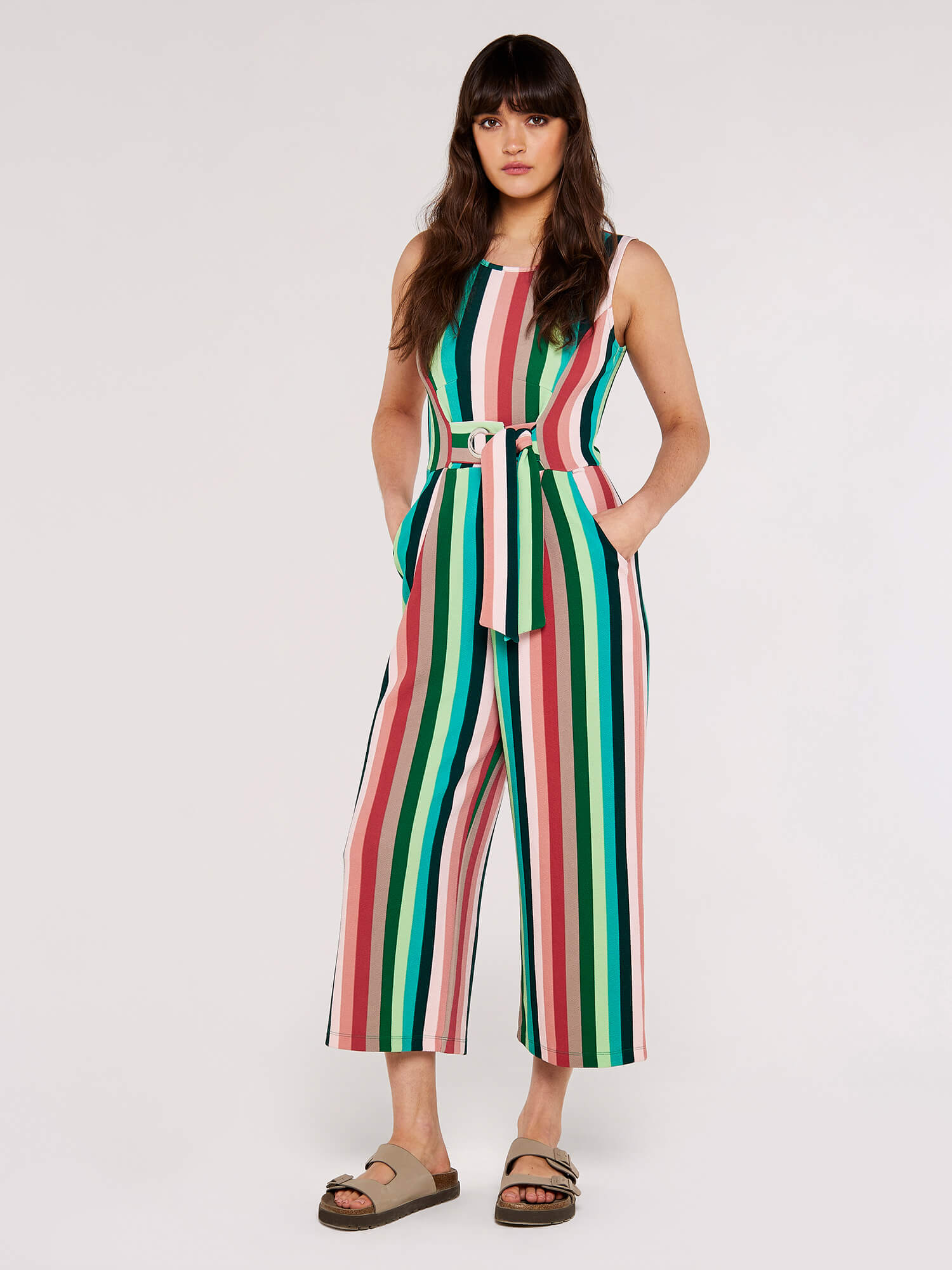 Multistripe Tie Waist Jumpsuit Apricot Clothing