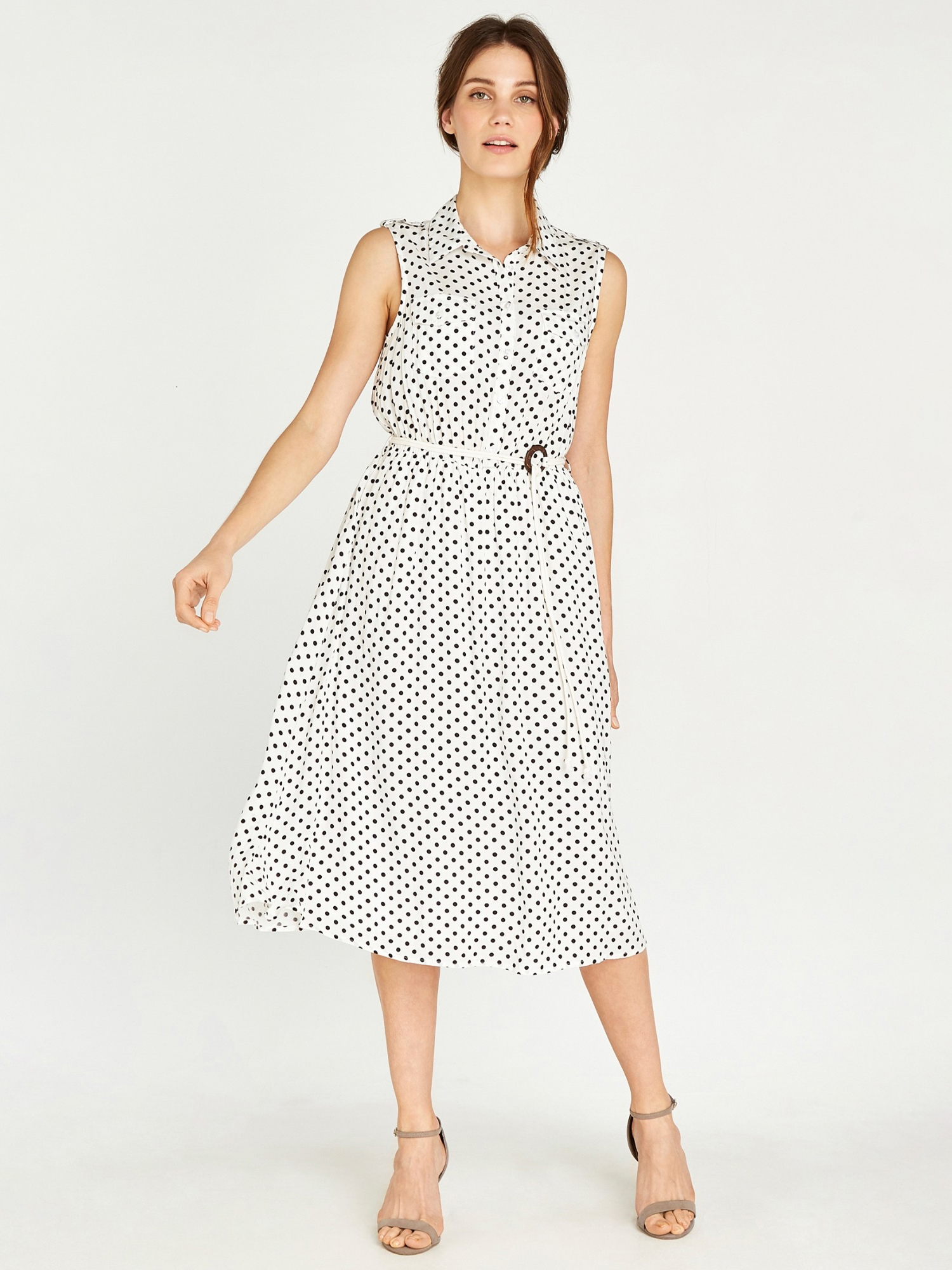 Polka Dot Midi Shirt Dress Apricot Clothing