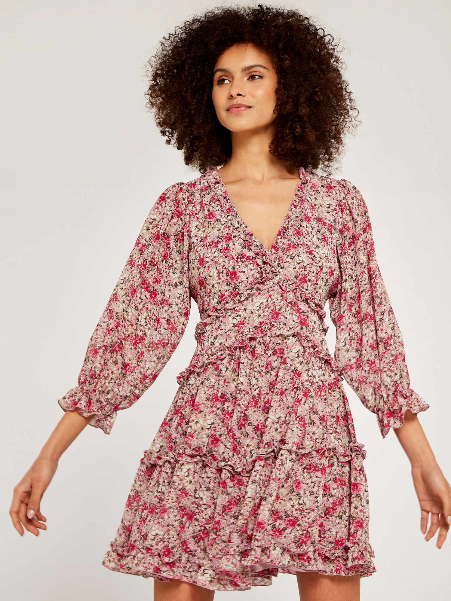 Apricot Ethnic Print Ruffle Hem Loose Mini Dress