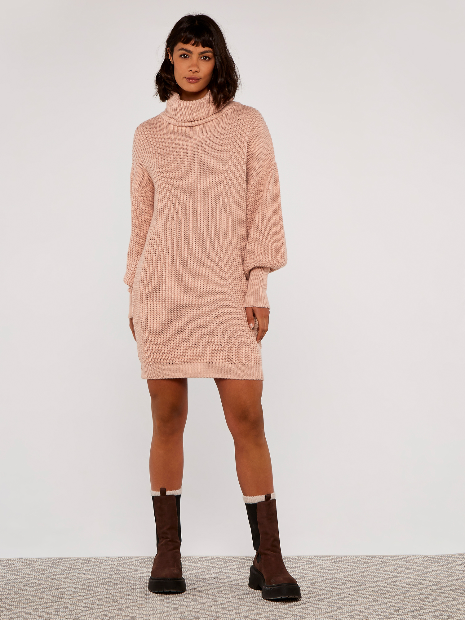 Cowl Neck Jumper Dress Apricot Clothing
