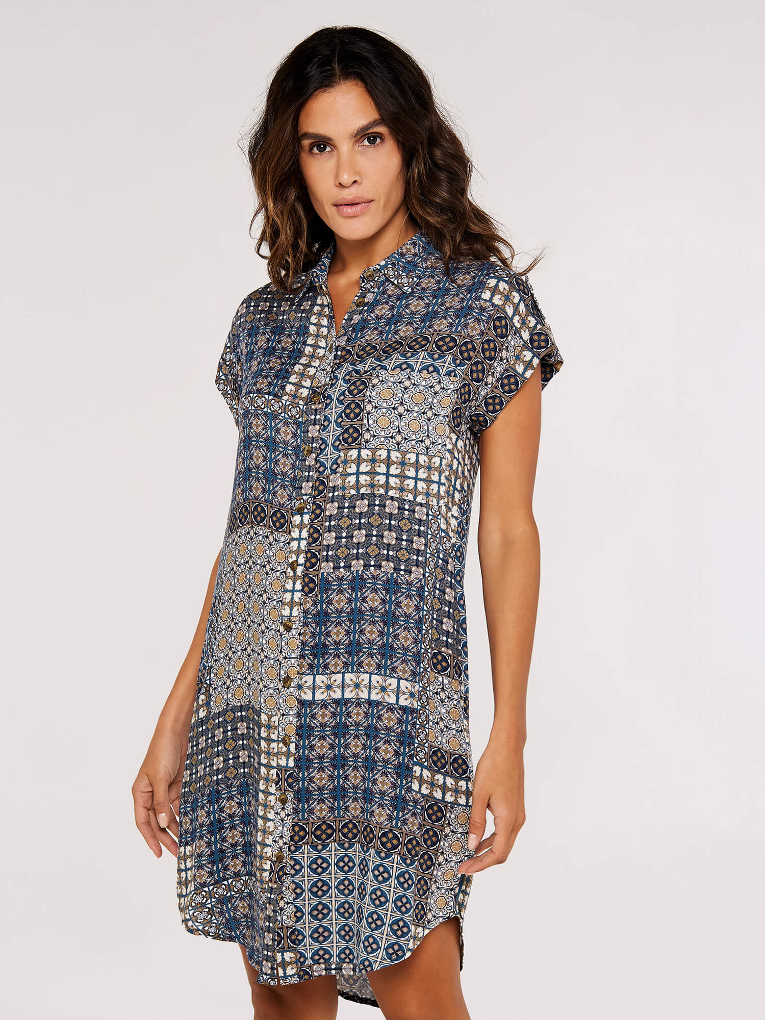 Apricot Polo Collar Knitted Mini Sweater Shift Dress