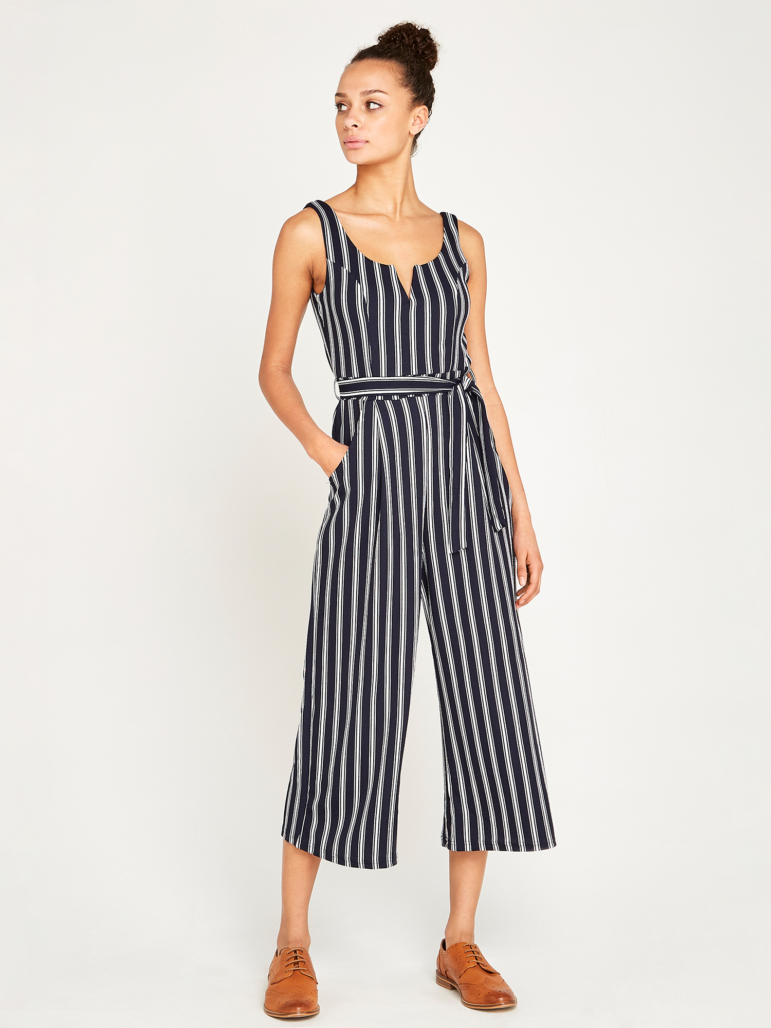 Striped Culotte Jumpsuit Apricot Clothing