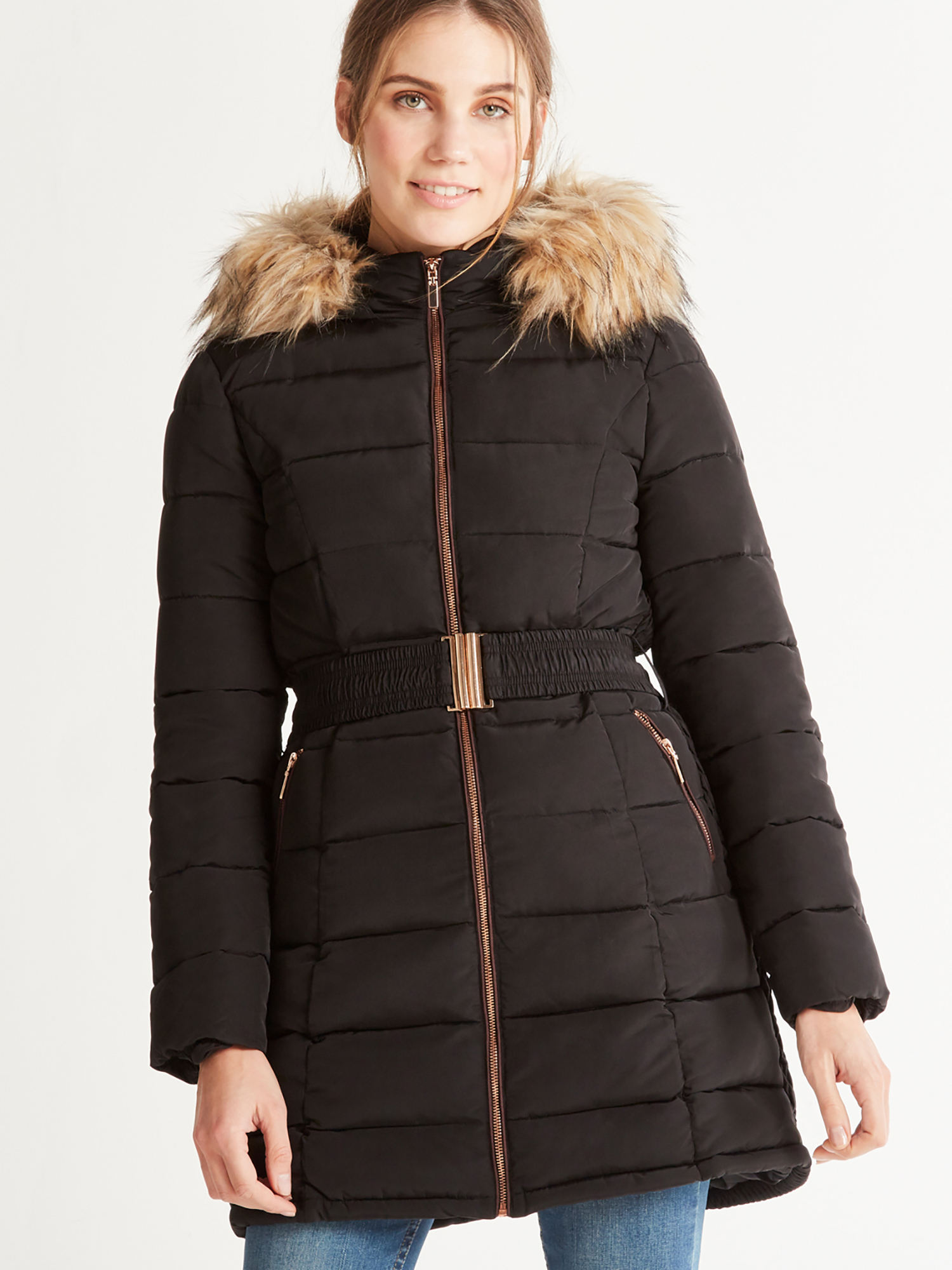 Longline Faux Fur Hood Puffer Jacket | Apricot UK