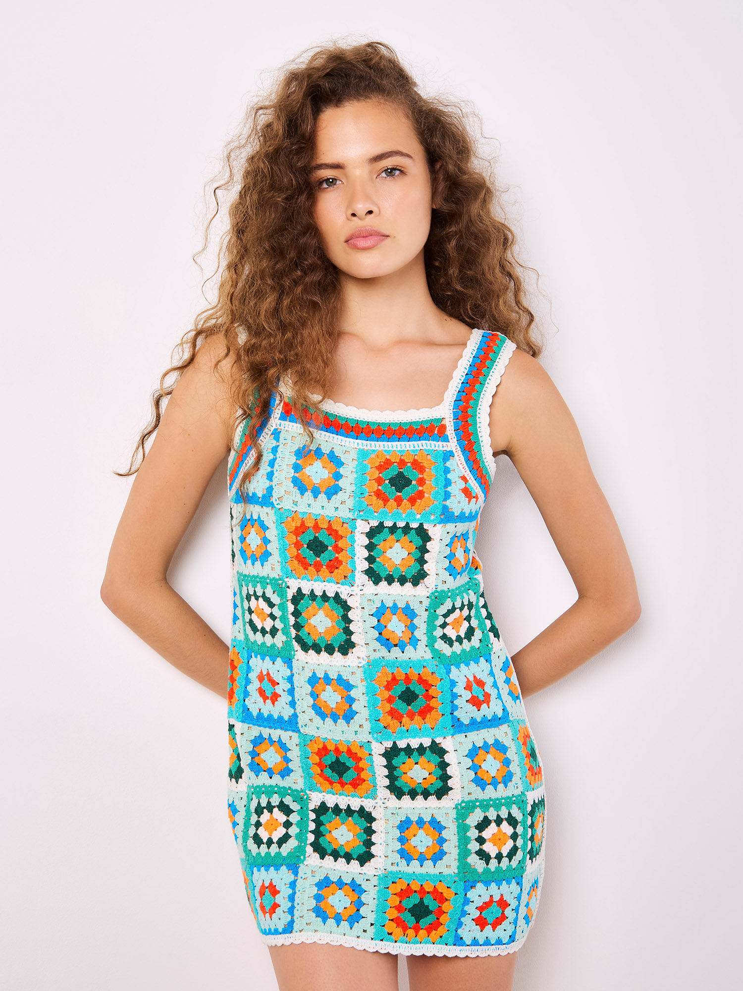 Crochet Squares Mini Dress | Apricot Clothing