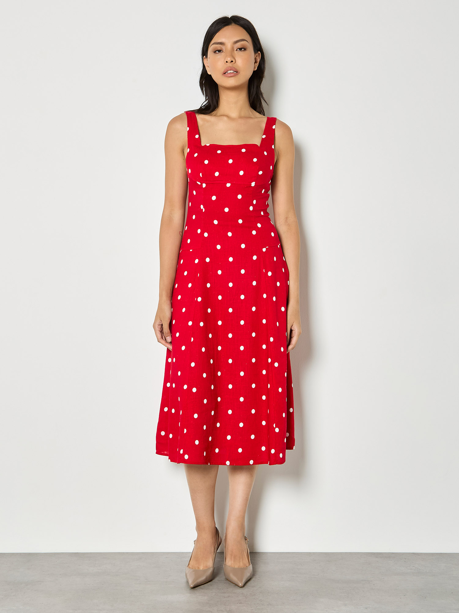 dotted linen blend midi dress Annet Linen Blend Midi Dress - Ivory Painted Dot Spaced