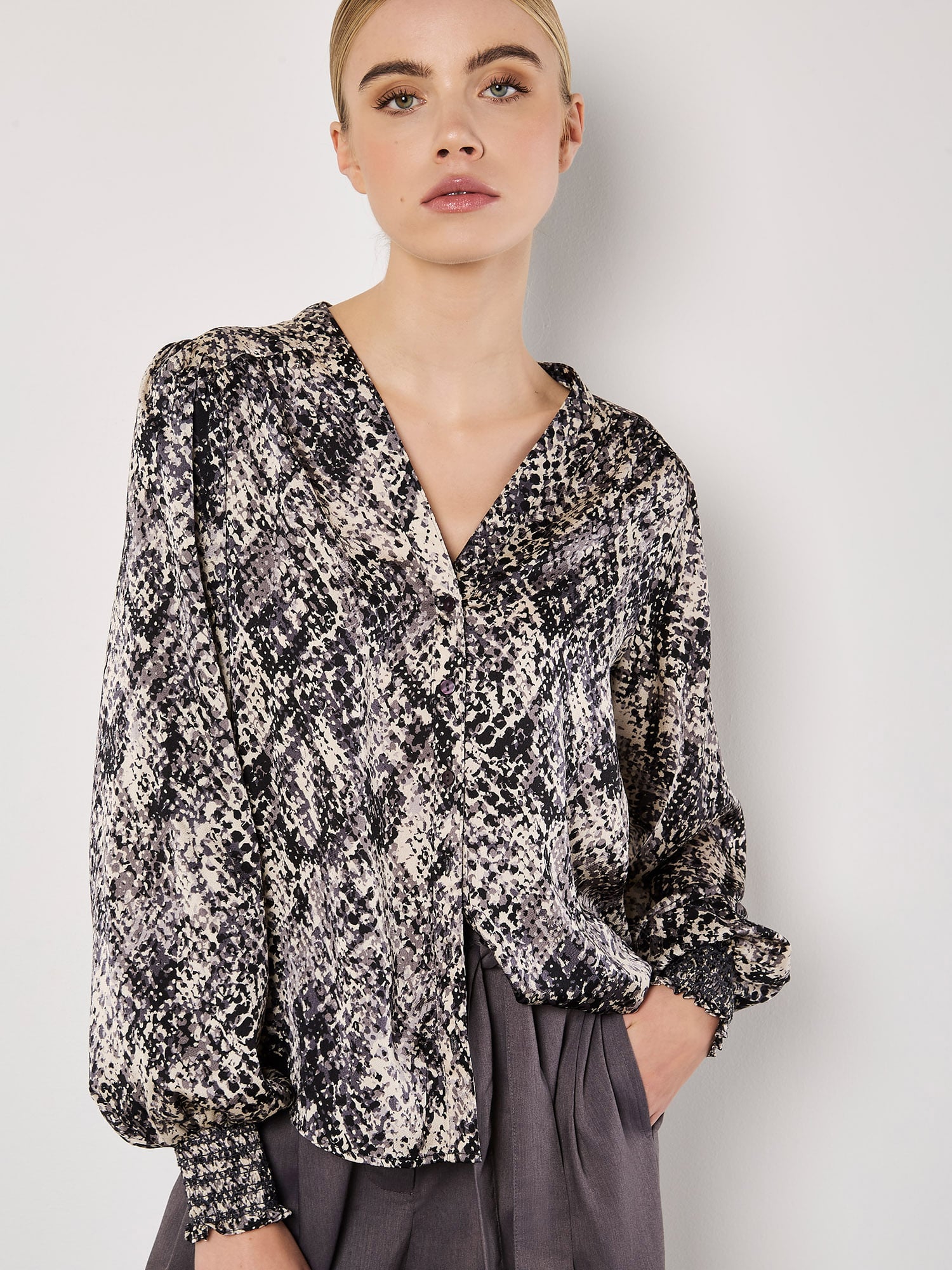 Black Sheer Button Back Blouse Snakeskin Detail