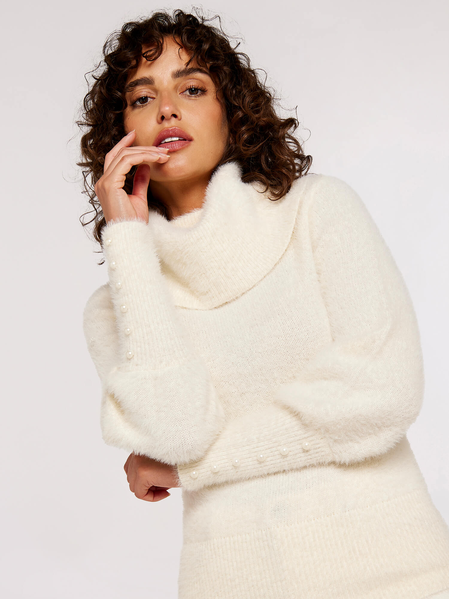 Fluffy Roll Neck Jumper | Apricot Clothing