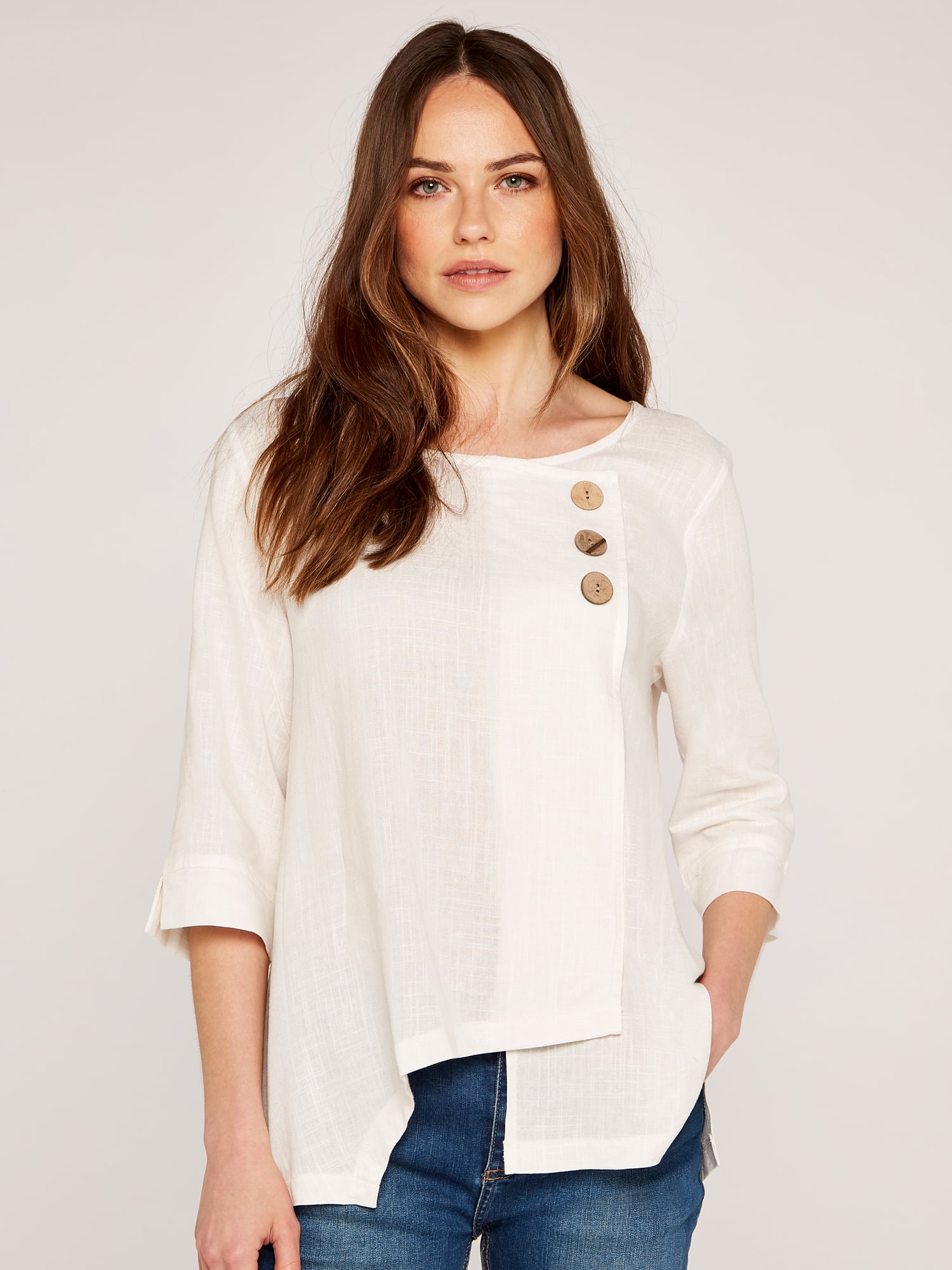 Asymmetrical Plaid Fold-Over Button Front Top
