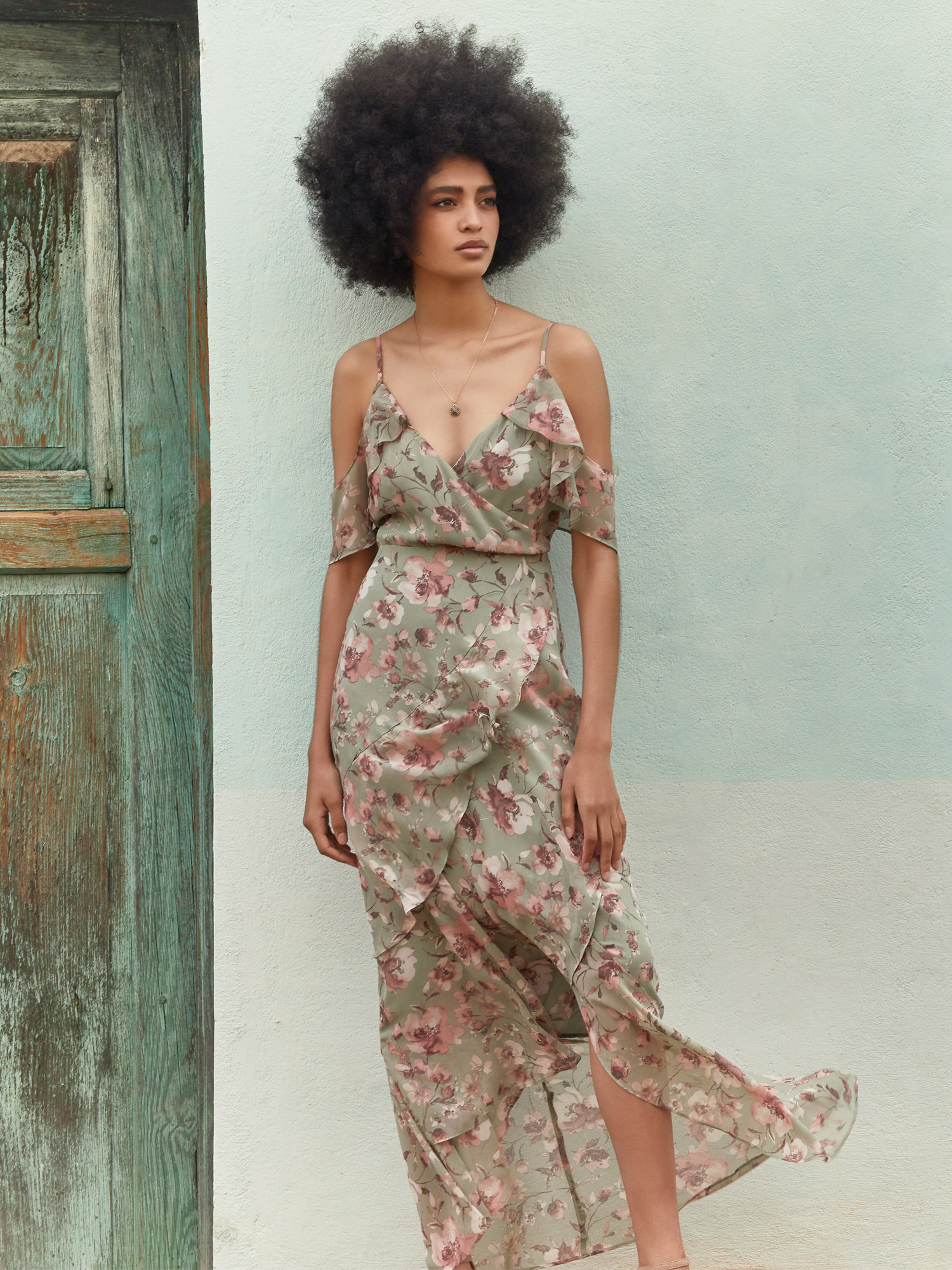 Watercolour Blooms Midi Dress Apricot Clothing