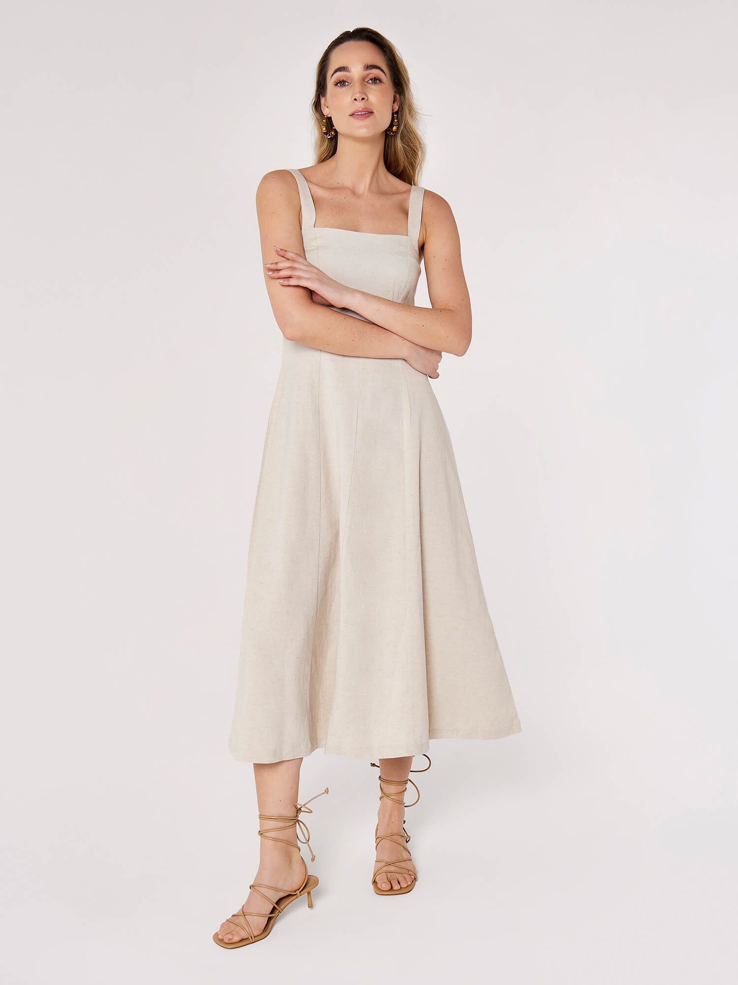 Panel Linen Midi Dress Apricot Clothing