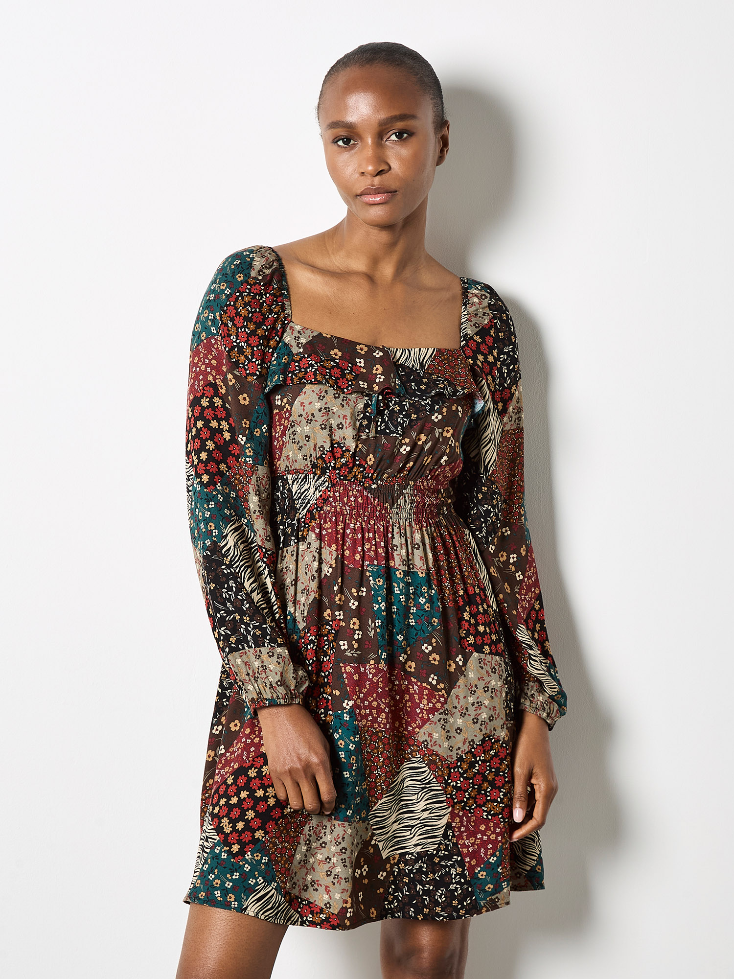 Patchwork Print Boho Mini Dress | Apricot Clothing