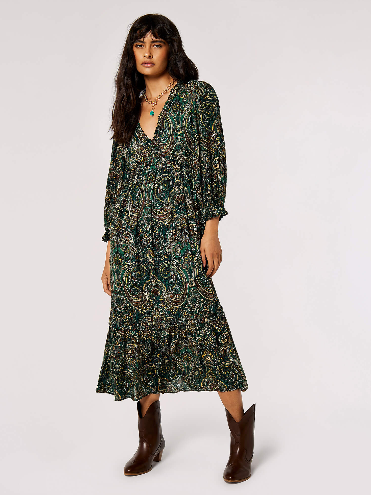 Paisley Ruffle Midaxi Dress Apricot Clothing