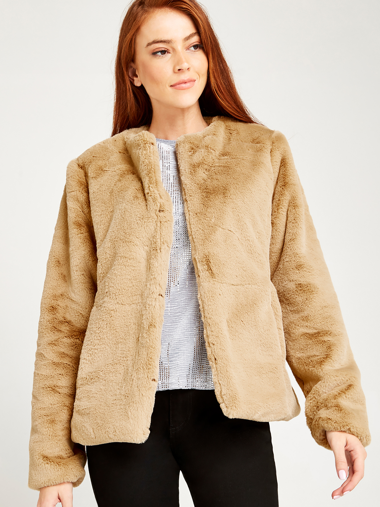 Faux Fur Two Pocket Coat Apricot Clothing