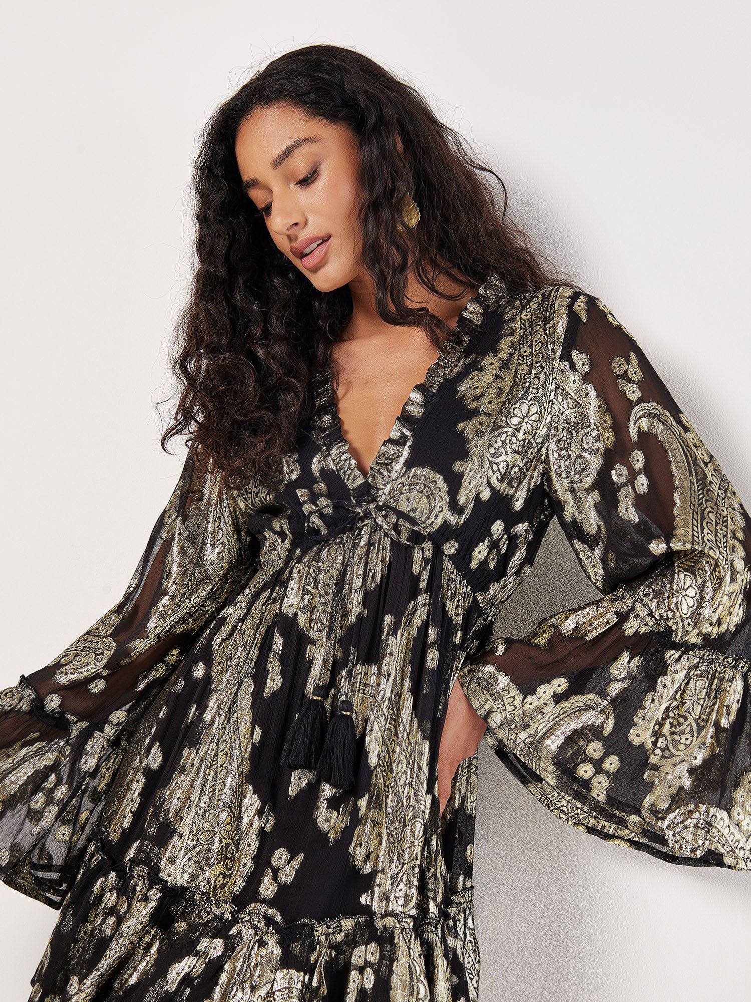 Gold Foil Paisley Mini Dress Apricot Clothing