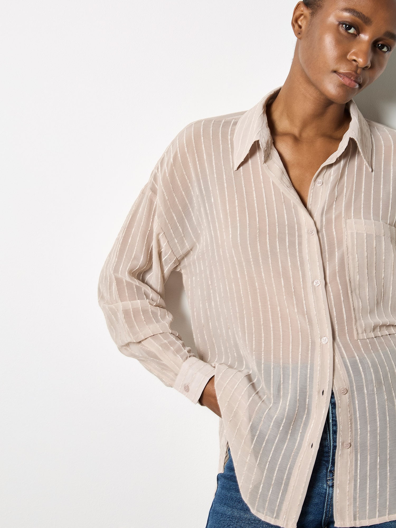 Chenille Stripe Semi-Sheer Shirt | Apricot Clothing