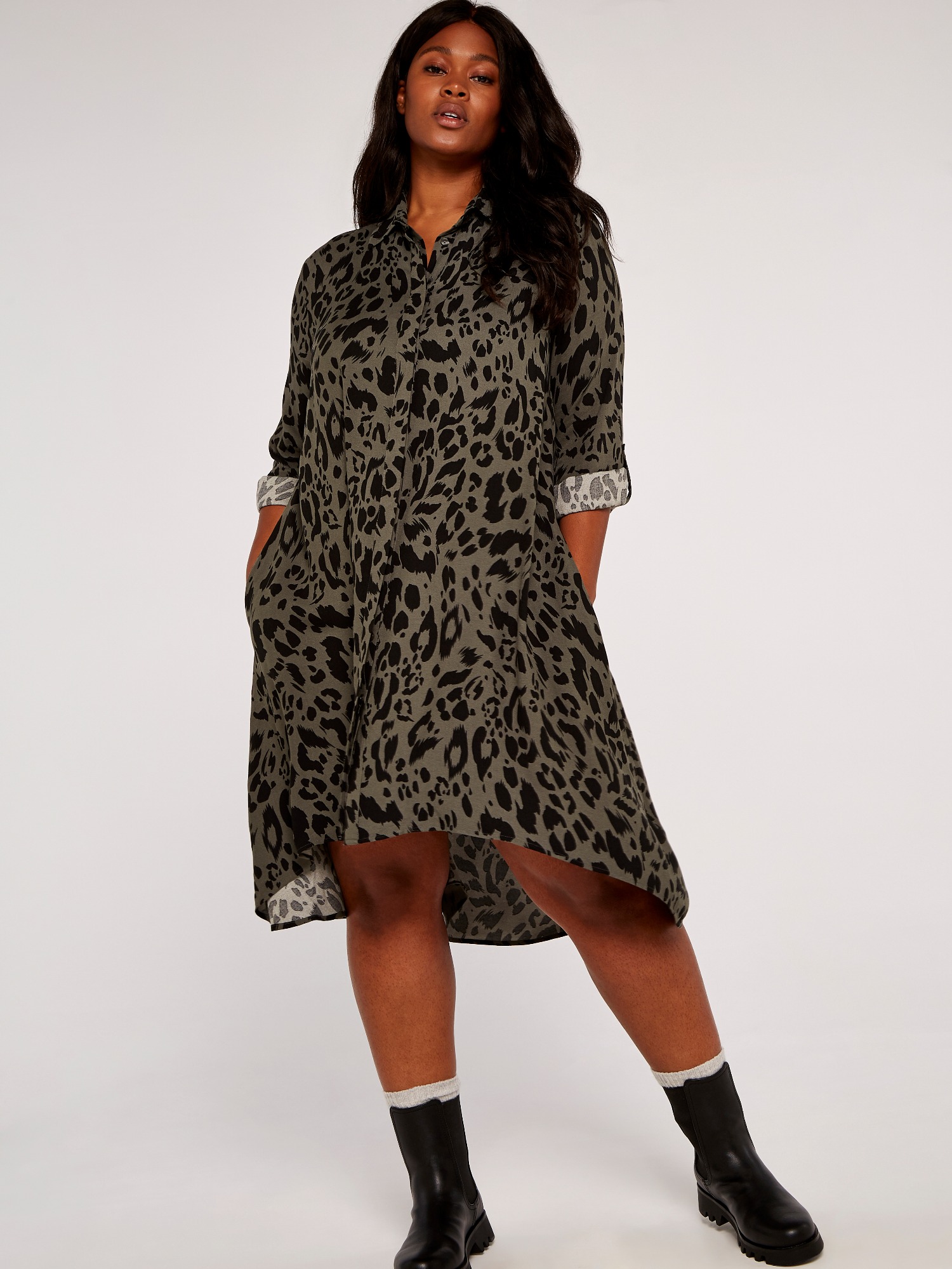 Curve Cheetah Shirt Dress Apricot Clothing