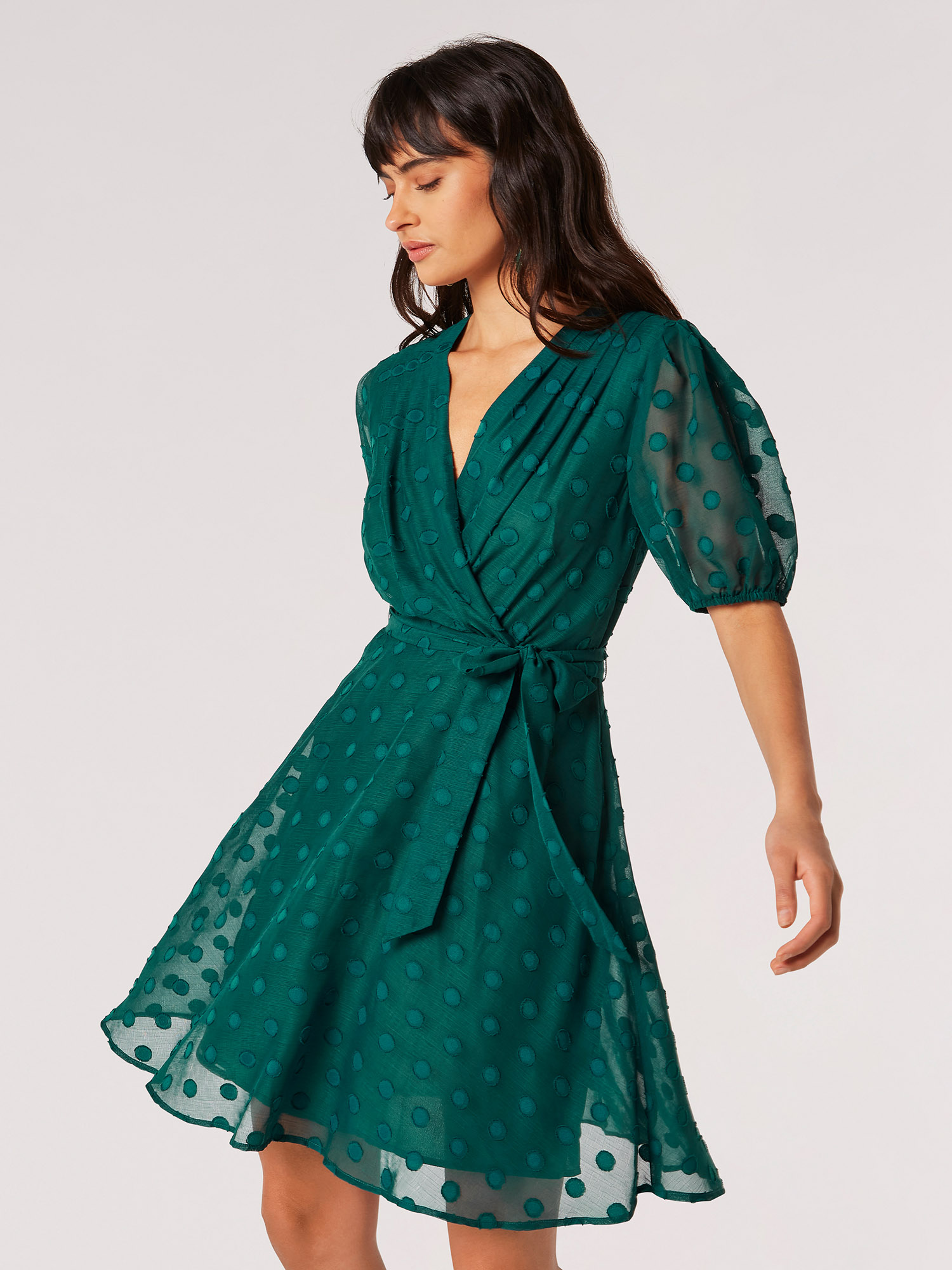 Jacquard Spot Wrap Mini Dress | Apricot Clothing